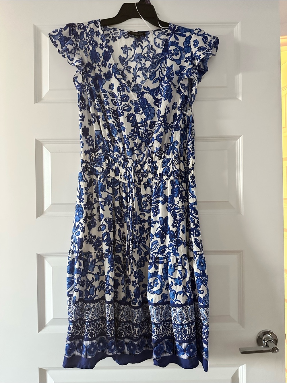Rachel Zoe White Midi Dress with Blue Floral Print